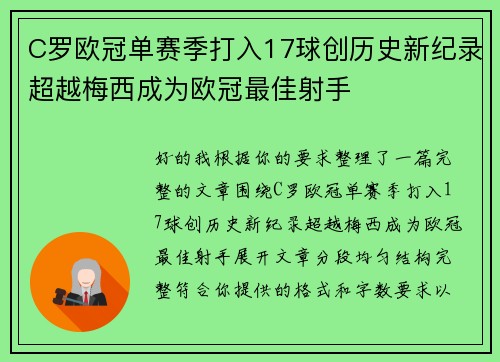 C罗欧冠单赛季打入17球创历史新纪录超越梅西成为欧冠最佳射手