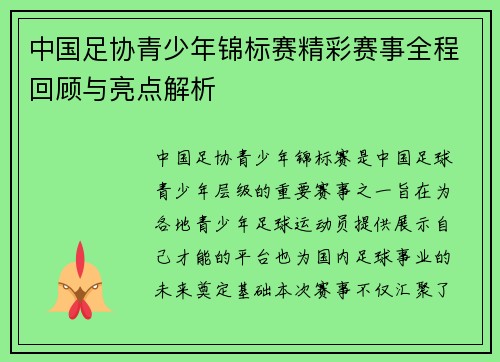 中国足协青少年锦标赛精彩赛事全程回顾与亮点解析 中国足协青少年锦标赛精彩赛事全程回顾与亮点解析