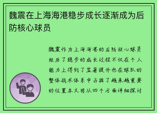魏震在上海海港稳步成长逐渐成为后防核心球员 魏震在上海海港稳步成长逐渐成为后防核心球员