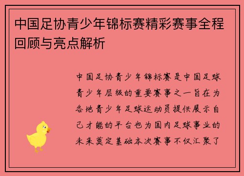 中国足协青少年锦标赛精彩赛事全程回顾与亮点解析 中国足协青少年锦标赛精彩赛事全程回顾与亮点解析